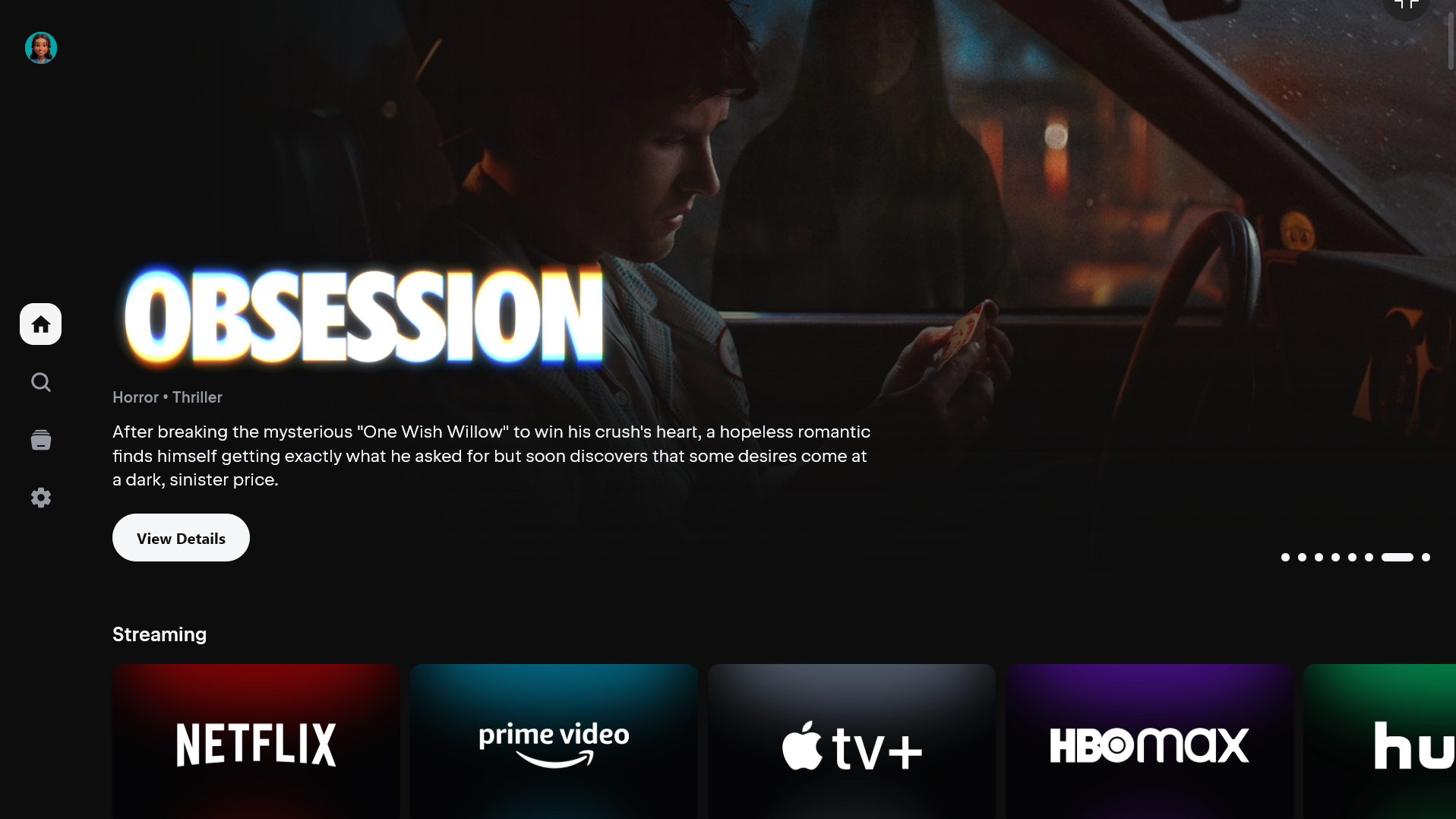 StreamBridge home screen showing featured title Obsession and platform channels